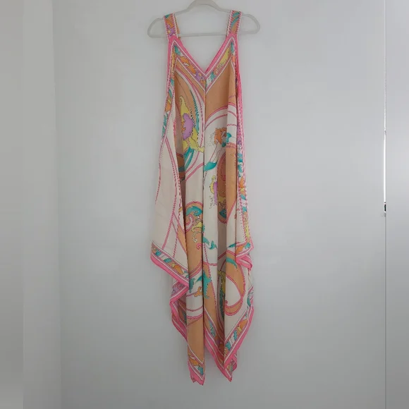 BRIJO Vintage Pastel Rolled Jacquard Silk Hankerchief V Tank Maxi Dress - Picture 10 of 16